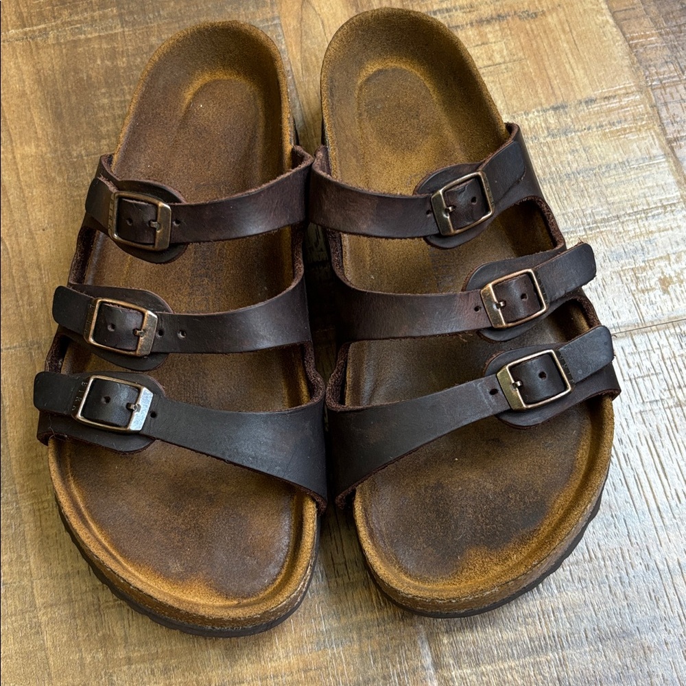 Birkenstock Florida 37 Size 6-6 1/2 Brown Triple Strap Florida Sandals leather